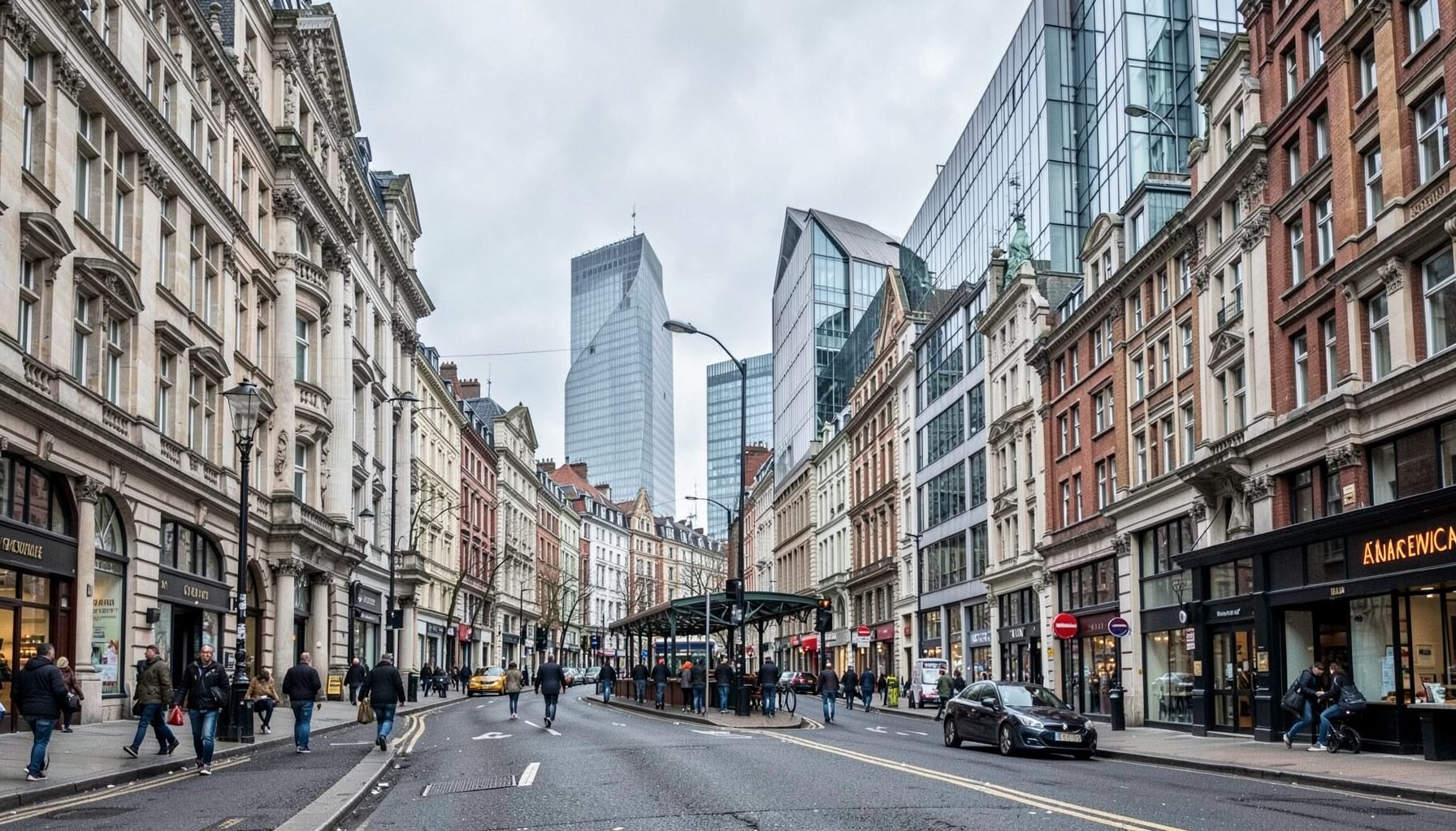 Calle urbana de Londres con arquitectura clásica y moderna contrastando, cielo grisáceo y ambiente cosmopolita