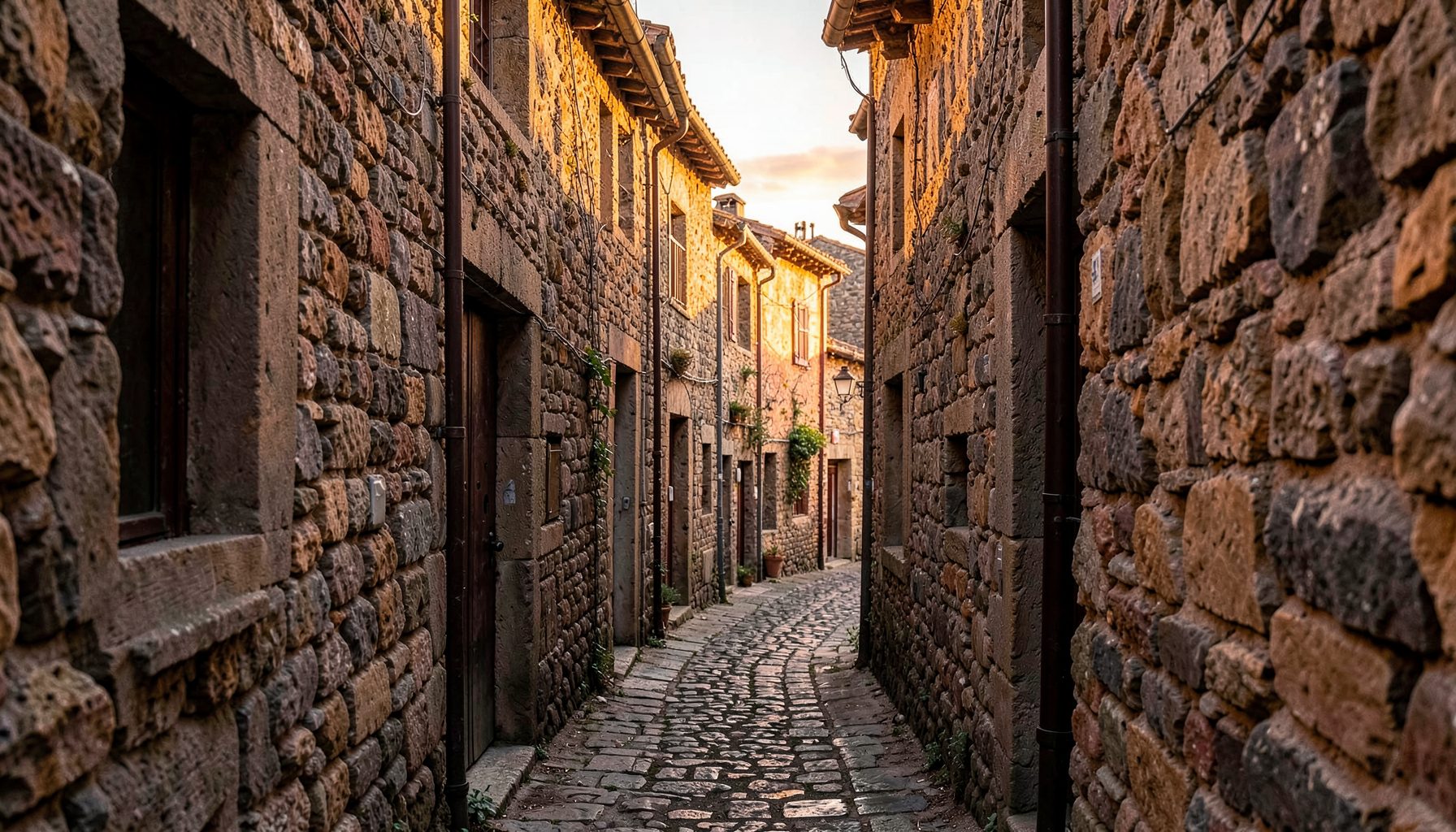Callejón estrecho de piedra en un pueblo europeo con tonos cálidos y luz de atardecer