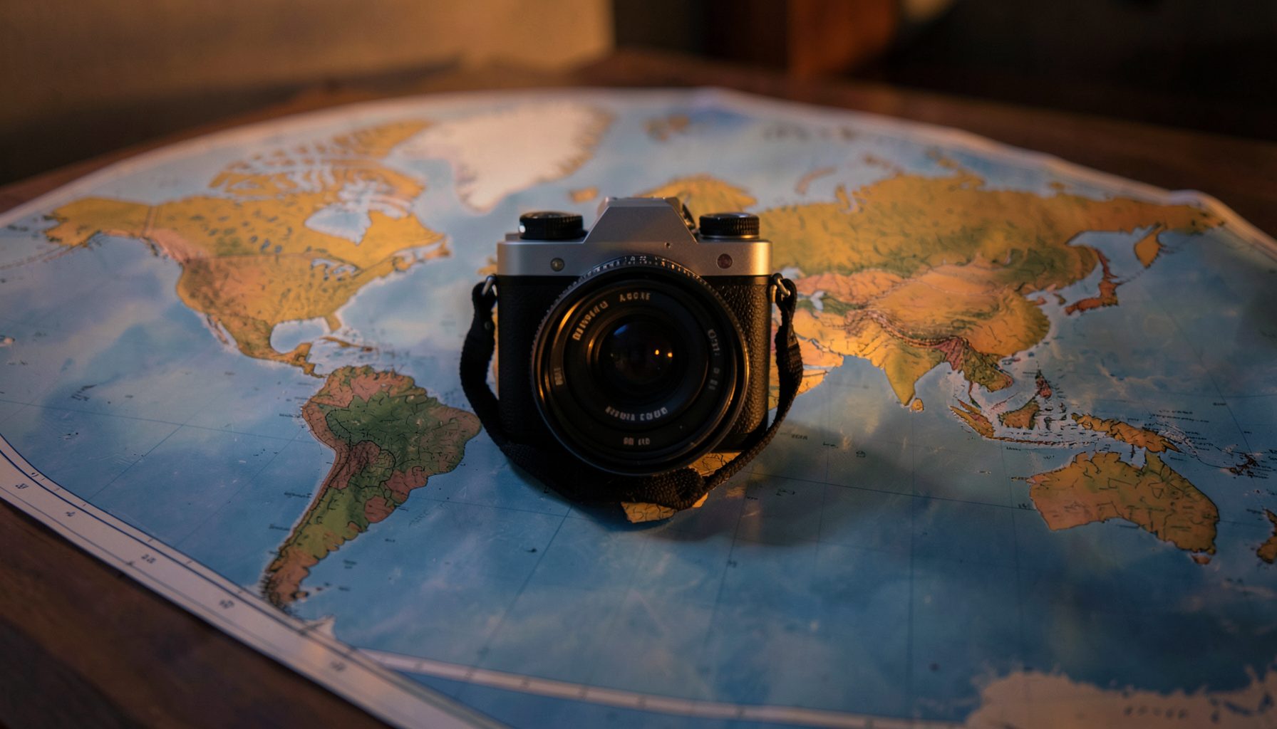 Cámara fotográfica sobre un mapa del mundo desplegado, iluminado por luz cálida de atardecer, tonos dorados y azules profundos