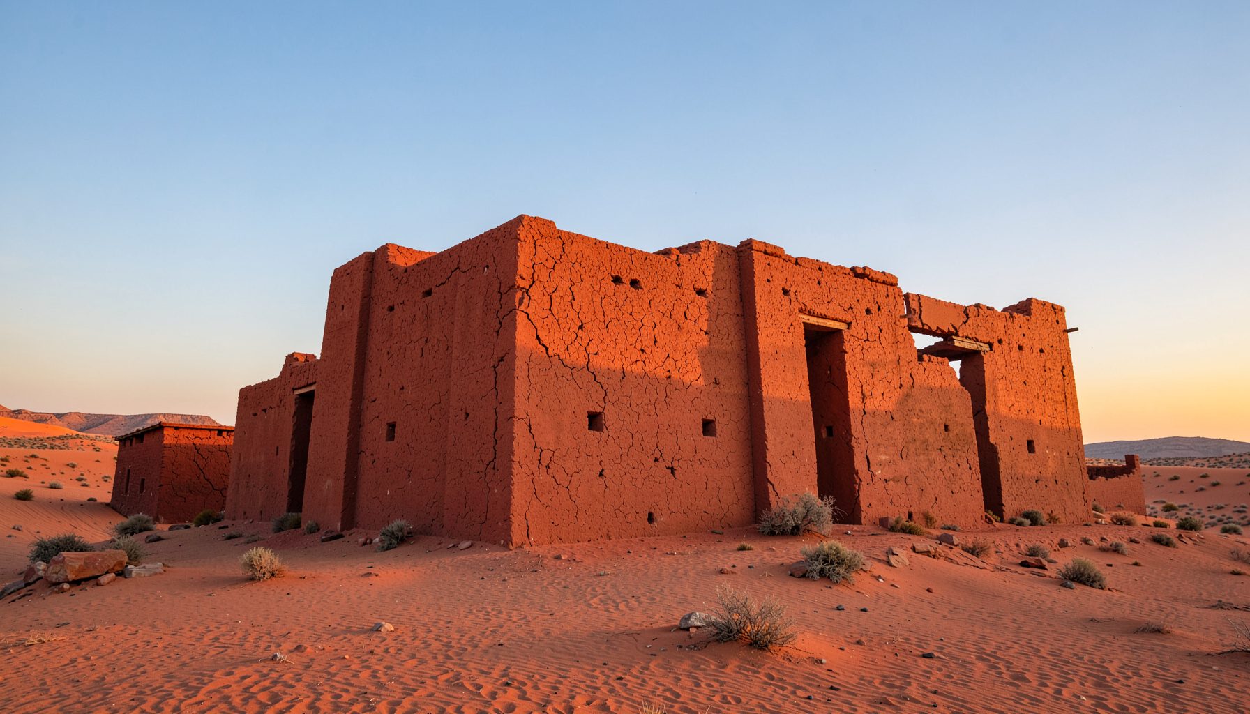 Fortaleza de tierra roja en el desierto marroquí con cielo despejado al atardecer