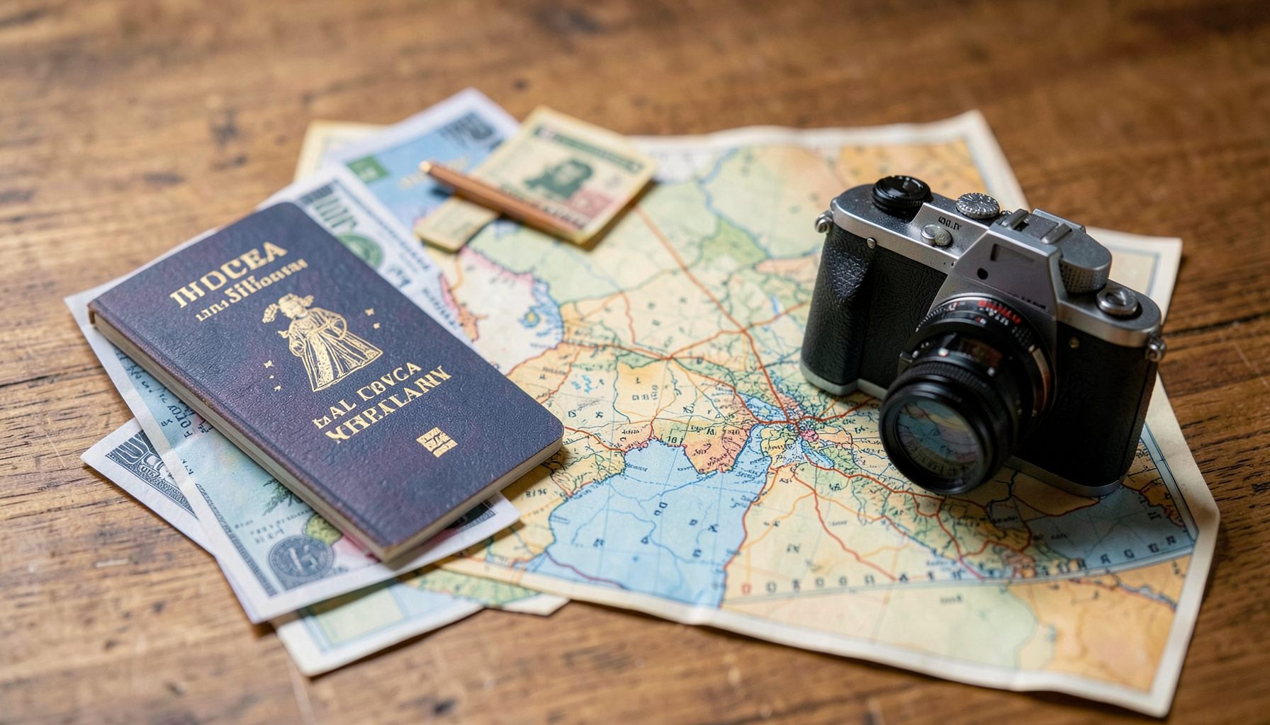 Fotogramas de una animación stop motion con objetos de viaje: pasaporte, billetes, cámara y mapas sobre mesa de madera