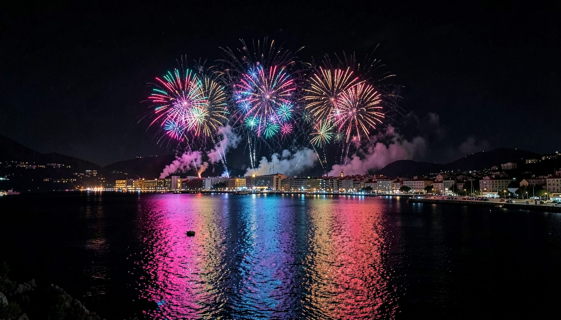 Fuegos artificiales estallando sobre la bahía de La Concha en Donostia, reflejos de colores sobre el agua en noche oscura