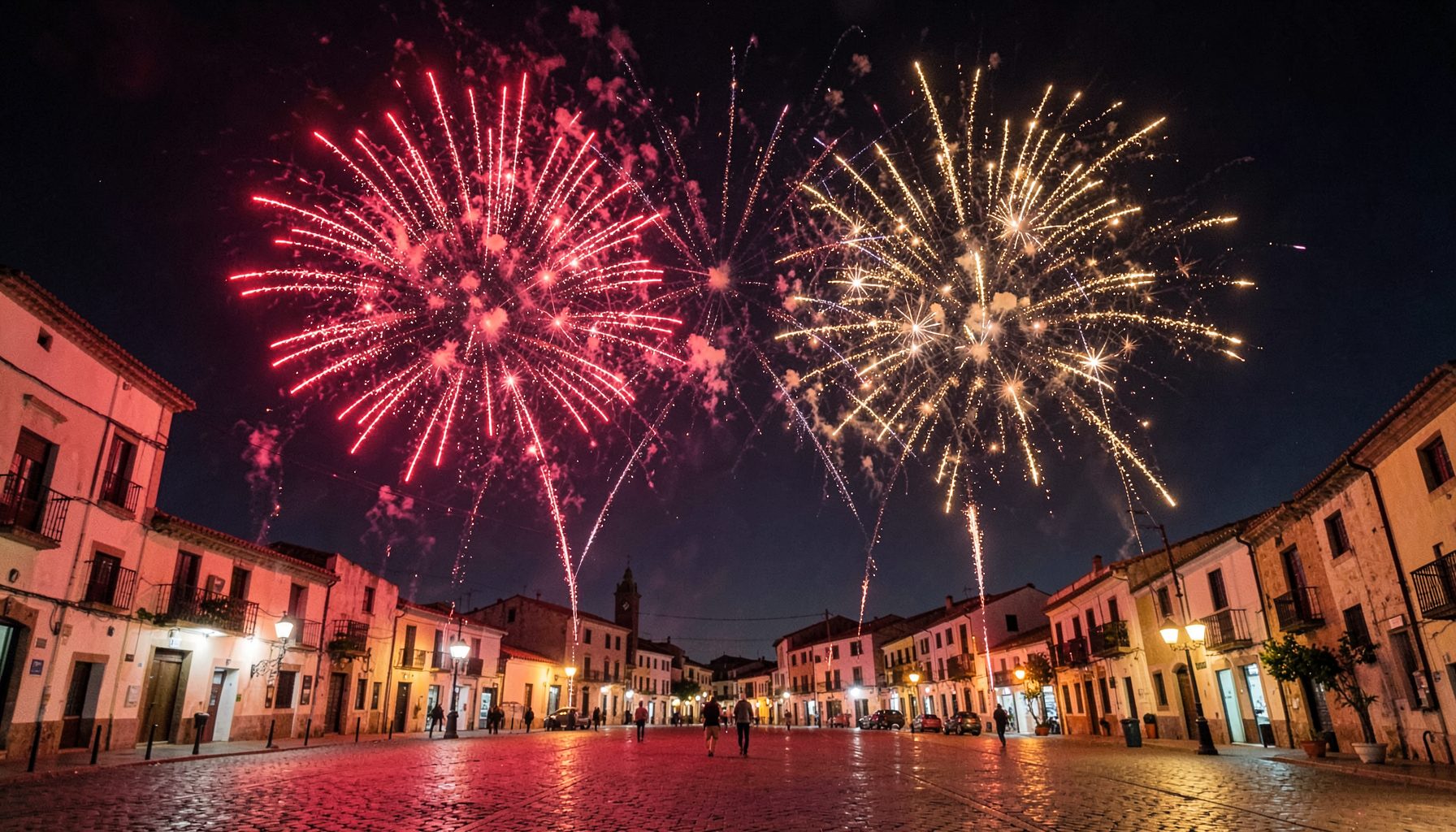 Fuegos artificiales sobre el cielo nocturno de Azpeitia, explosiones de luz roja y dorada reflejadas en la plaza del pueblo