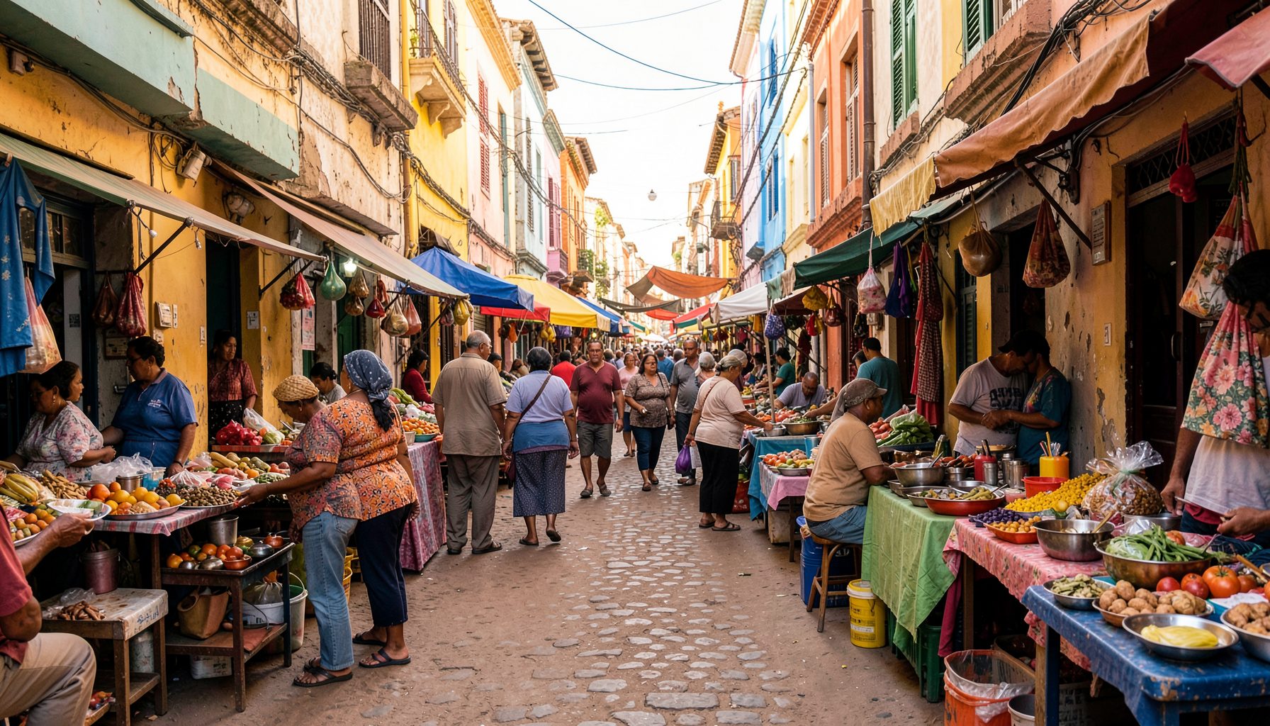 Mercado callejero colorido con puestos y ambiente animado en tonos tierra