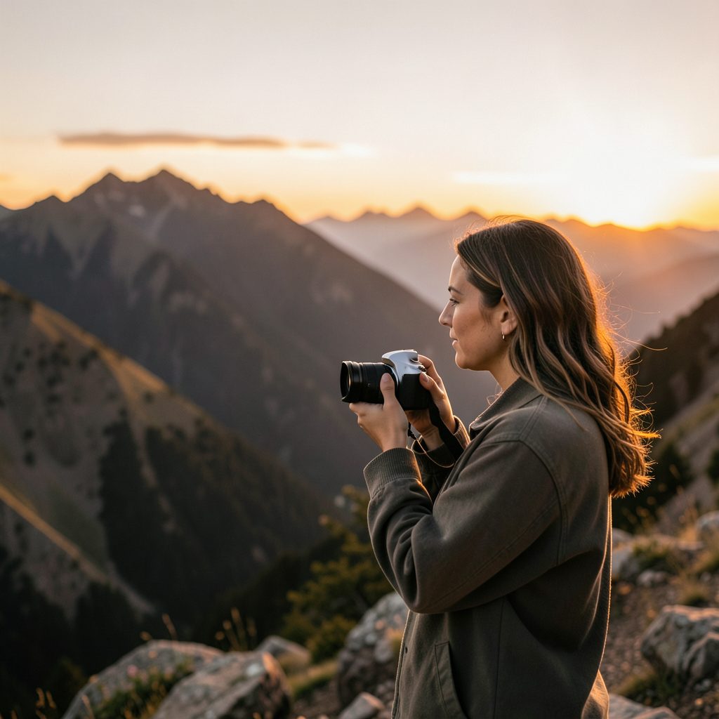 Mujer con cámara fotográfica contemplando un paisaje montañoso al atardecer, tonos cálidos y terrosos, atmósfera serena