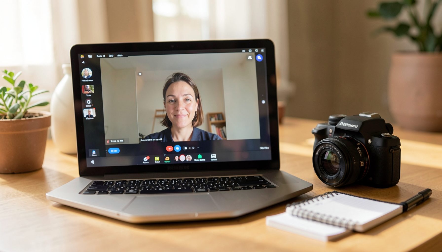 Pantalla de ordenador portátil mostrando una sesión de videollamada, junto a una cámara réflex y una libreta de notas, ambiente cálido y profesional