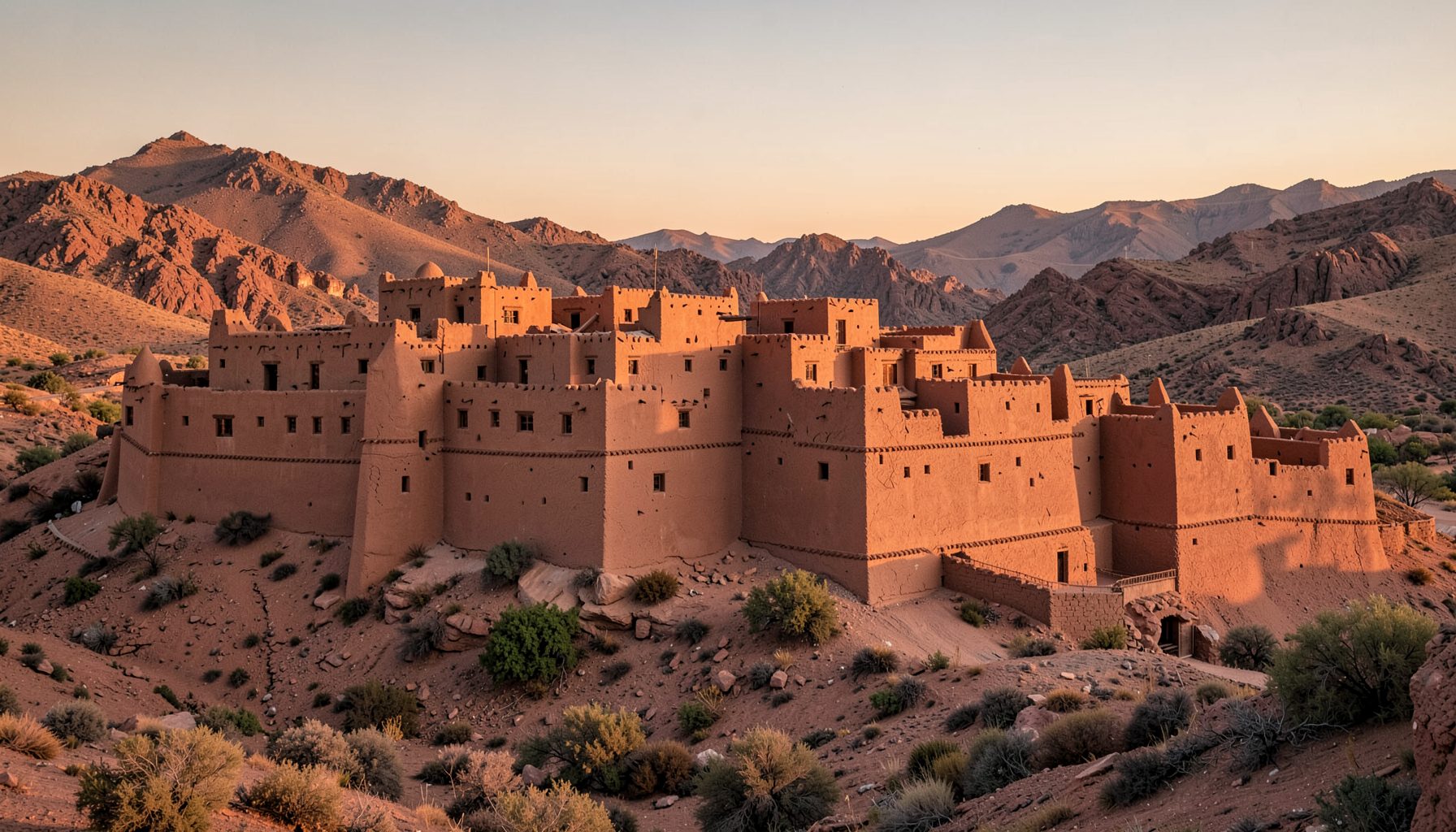 Vista de Ait Benhaddou, kasbah de adobe en Marruecos bajo luz cálida del atardecer, tonos tierra y ocres